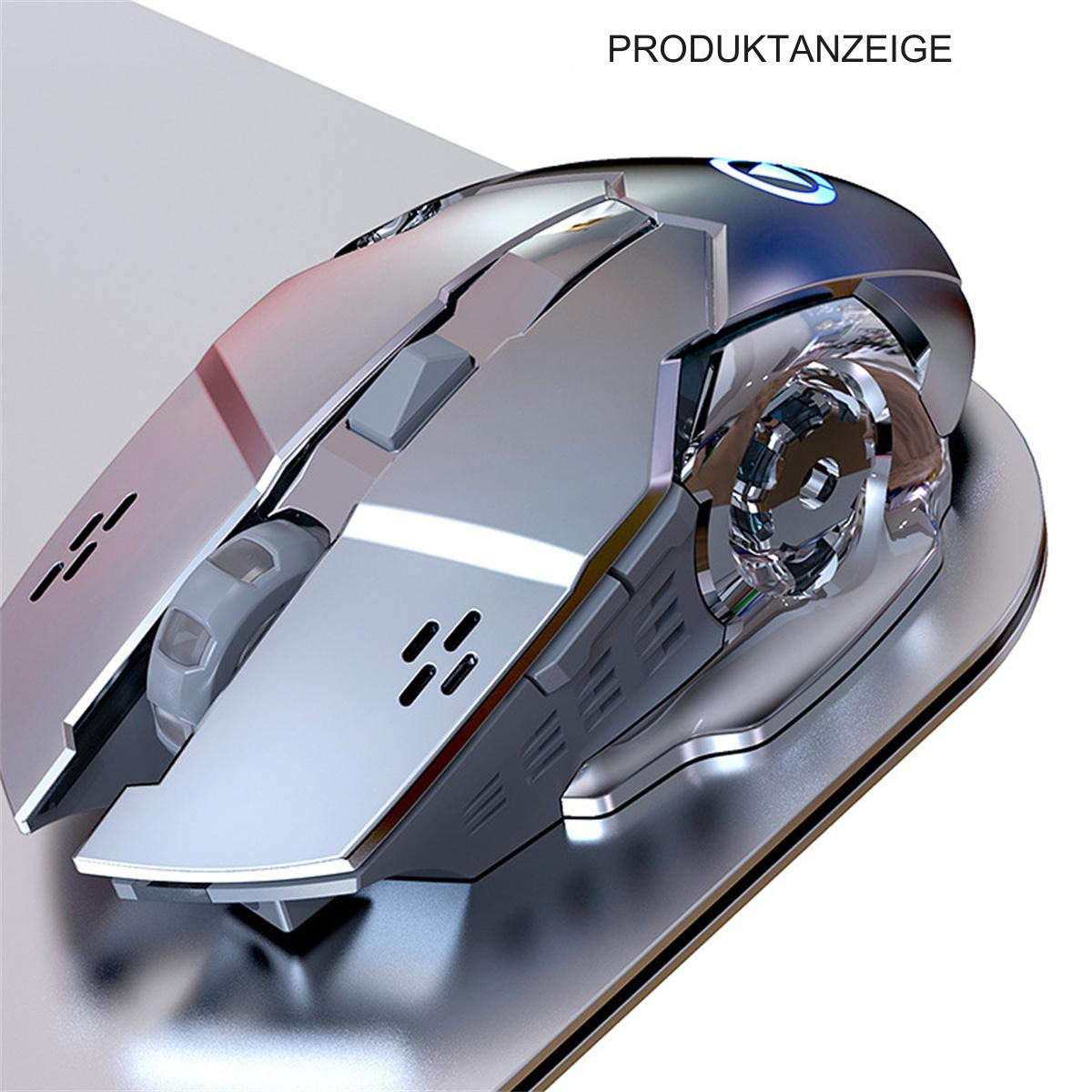 Silberne Gaming-Maus mit aggressivem Design auf metallischer Oberfläche. Mit durchsichtigem Rad und Seitentasten.