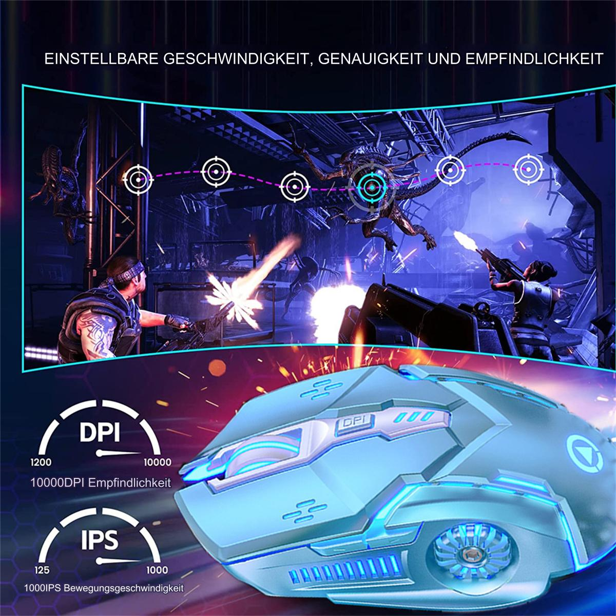 Gaming-Maus mit blauen Lichtern, eine detaillierte Szene eines Spiels oben und Einstellungsdetails.