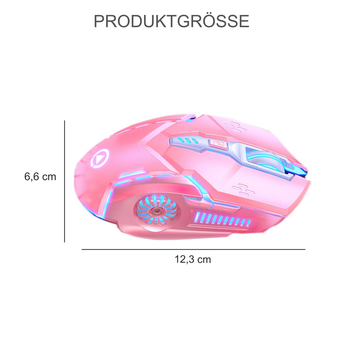 Rosa Gaming-Maus mit den Maßen 12,3 cm x 6,6 cm, mit Lichteffekt.
