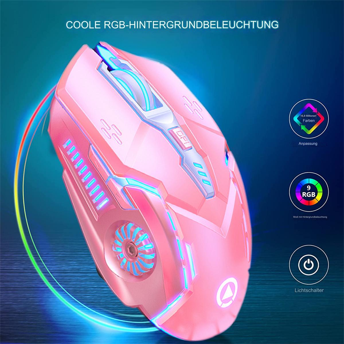 Pinke Gaming-Maus mit RGB-Beleuchtung. Text: Coole RGB-Hintergrundbeleuchtung, 9 RGB und Lichtschalter.