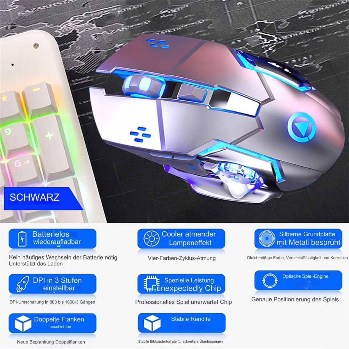 Silberne Gaming-Maus. Weiße Tastatur wird gezeigt. Text auf Deutsch. Maus hat blaue und rote Lichter.