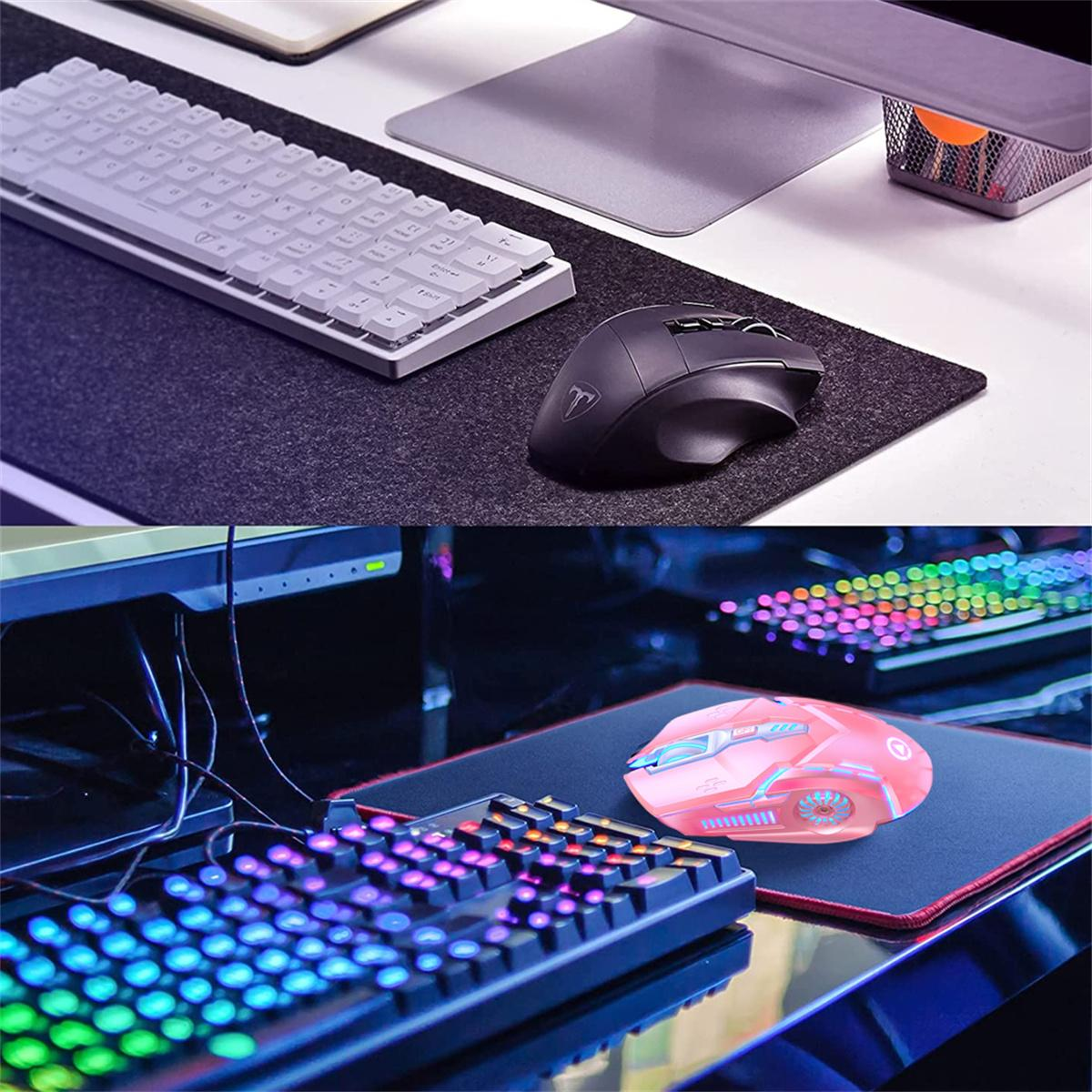 Zwei Fotos von Computereinrichtungen. Eines zeigt eine weiße Tastatur und eine schwarze Maus. Das andere ein Gaming-Setup.