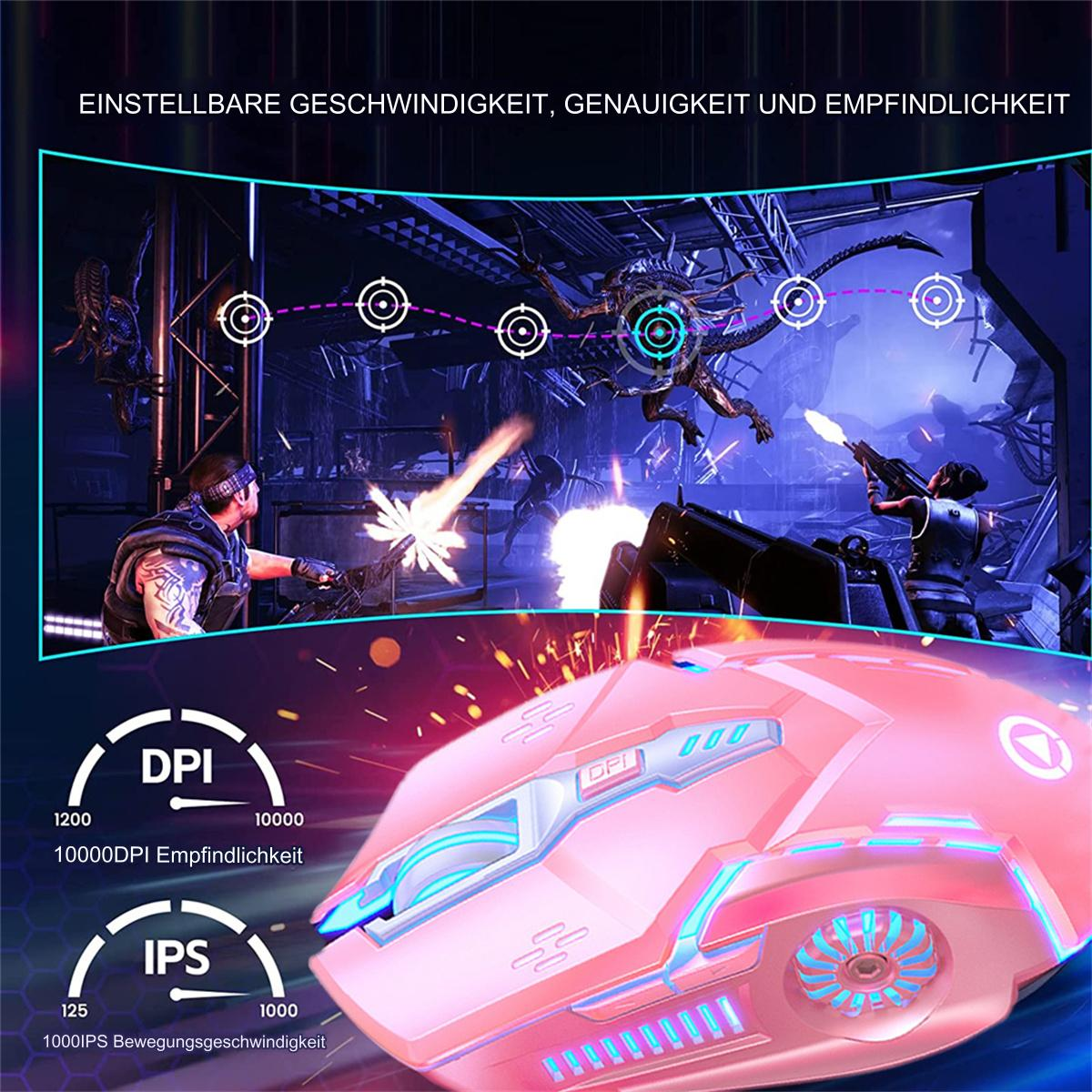 Rosa Gaming-Maus mit Text und Videospiel-Hintergrund.