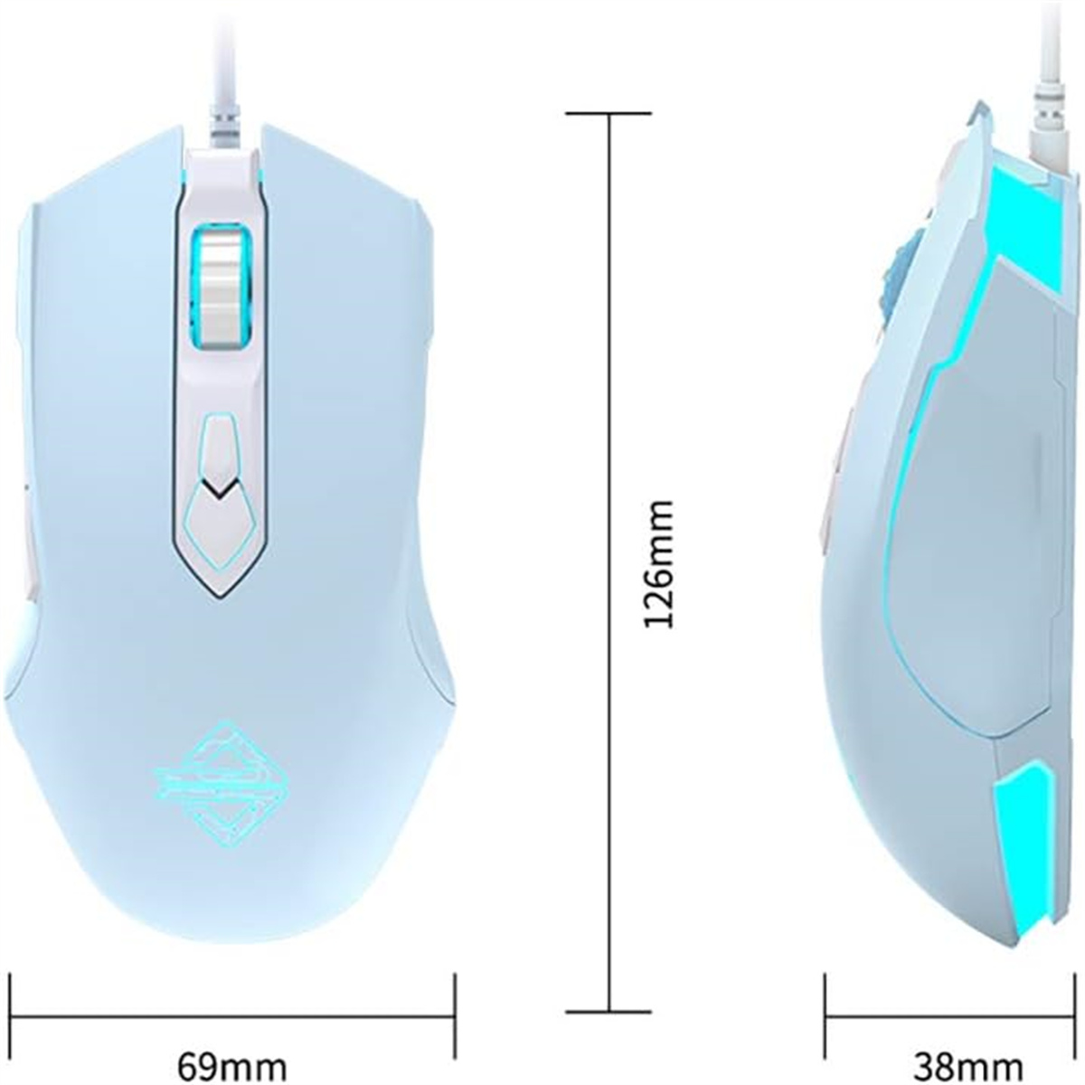 Hellblaue Gaming-Maus mit Maßen: 126mm Höhe, 69mm Breite und 38mm Tiefe.