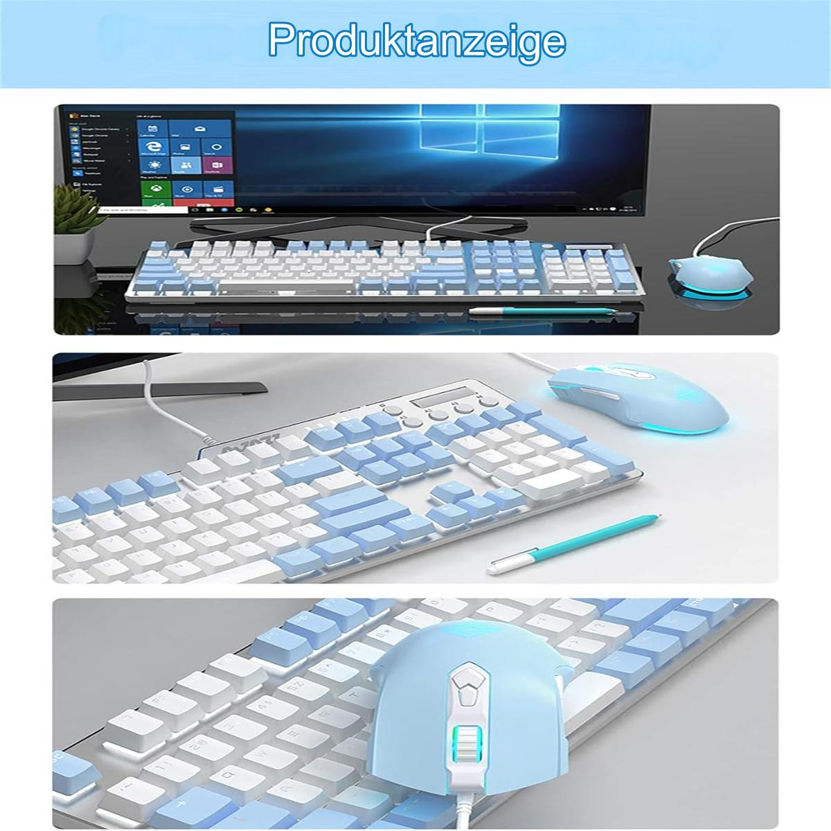 Ein blau-weißes Gaming-Setup mit Tastatur und Maus. Maus und Tastatur sind blau und weiß.