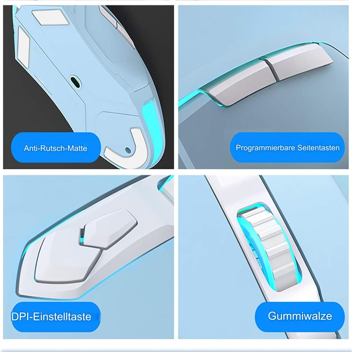 Nahaufnahme einer blauen Gaming-Maus mit hervorgehobenen Funktionen: Anti-Rutsch-Matte, DPI-Taste und Scrollrad.