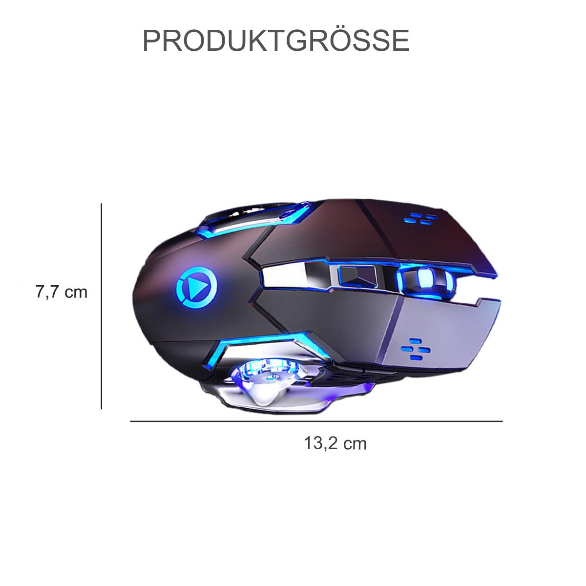 Schwarze und blaue Gaming-Maus mit den Maßen: 13,2 cm x 7,7 cm. Text PRODKUTGRÖSSE.