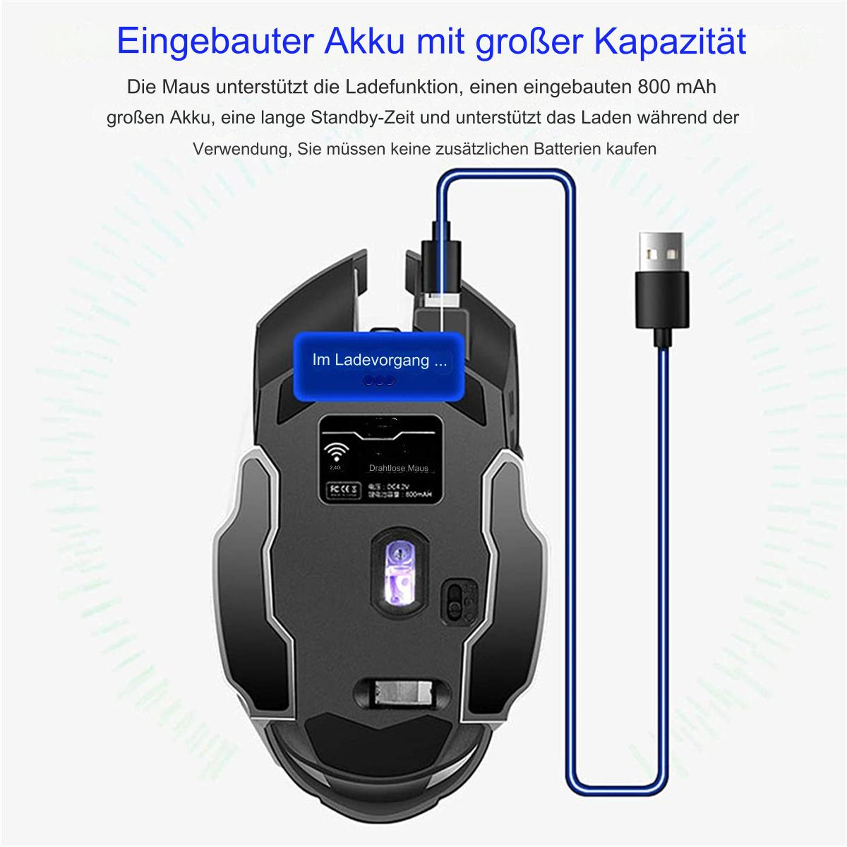 Schwarze Computermaus mit blauem Ladekabel. Die Maus hat eine blaue LED und ist als drahtlos gekennzeichnet.