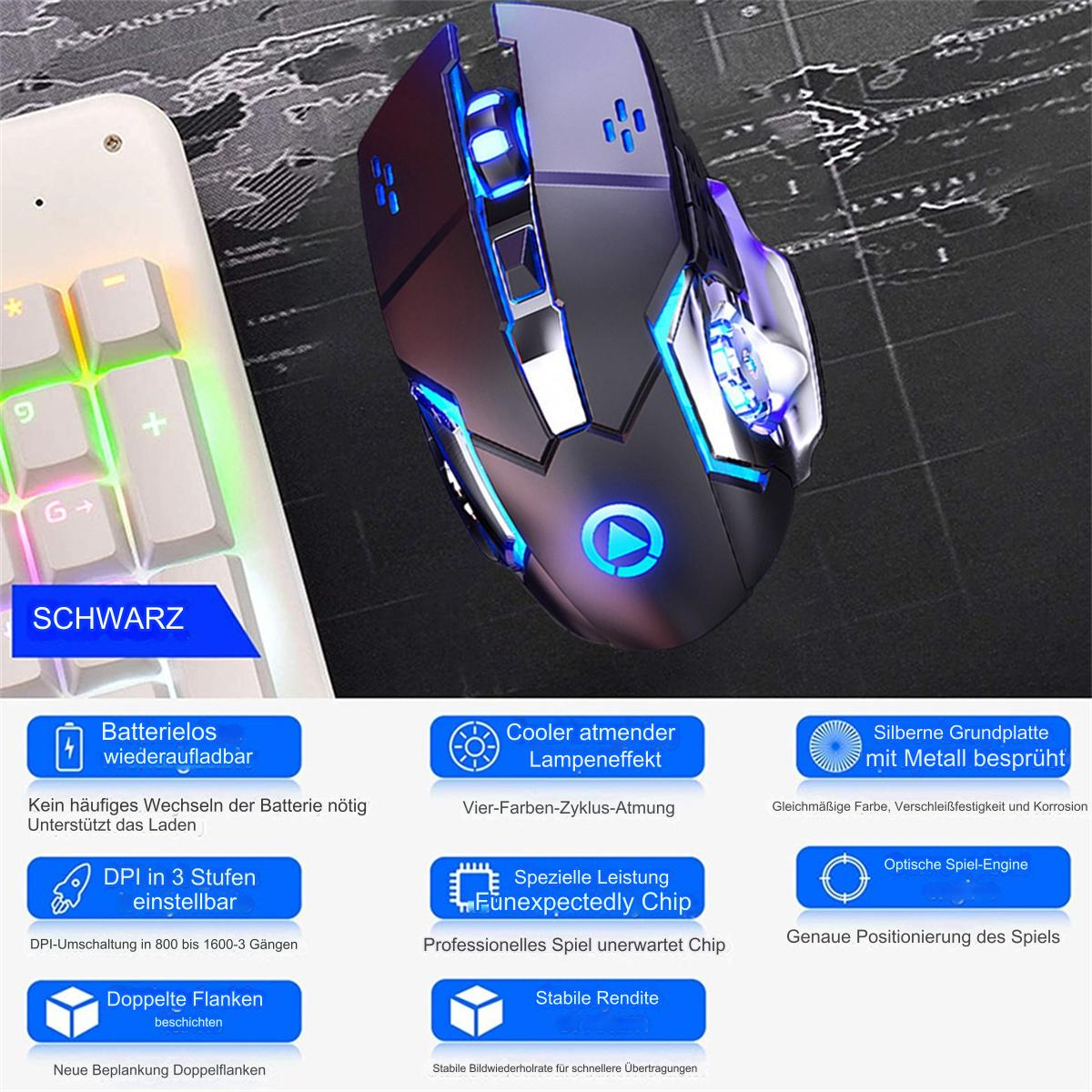 Schwarze und blaue Gaming-Maus. Weiße Tastatur im Hintergrund. Zu den Funktionen gehören DPI und LED-Beleuchtung.