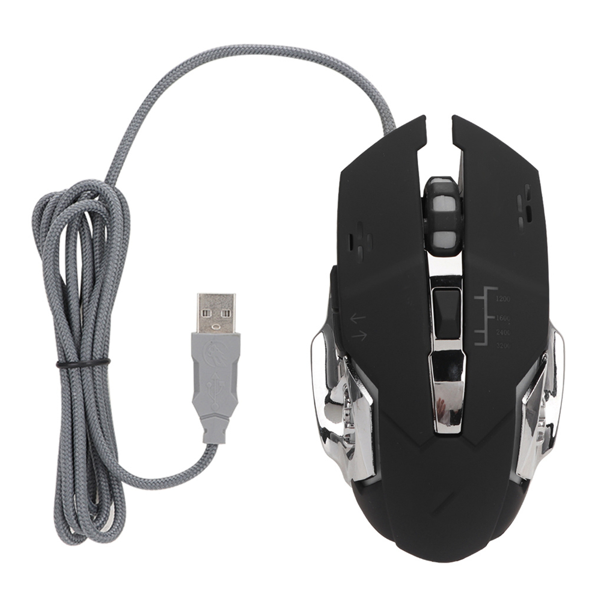 Schwarze Gaming-Maus mit grauem Kabel, silbernen Akzenten und USB-Anschluss.