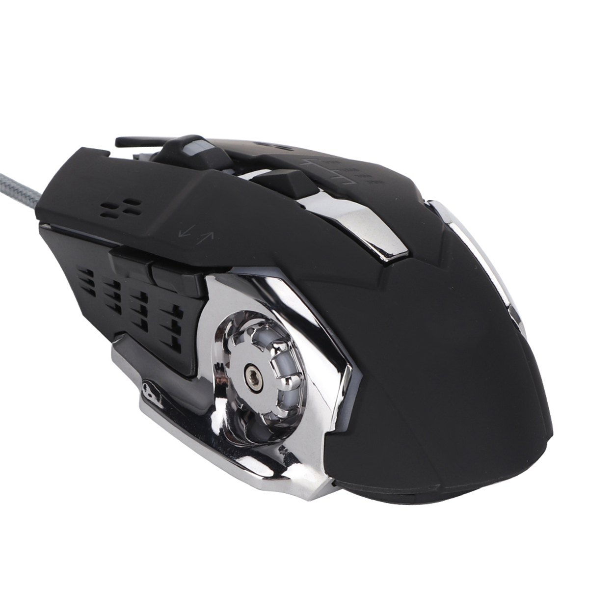 Eine schwarze Gaming-Maus mit silbernen Akzenten, mehreren Tasten und einem einzigartigen Design.