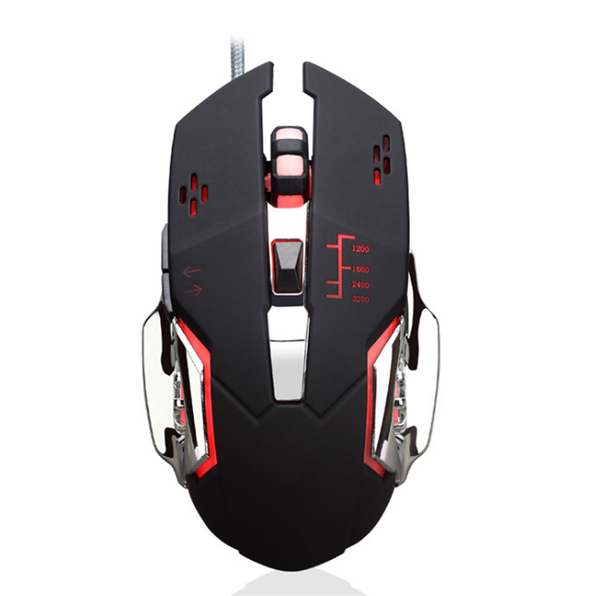Gaming-Maus: schwarz, rote Akzente, Tasten und DPI-Einstellungen.