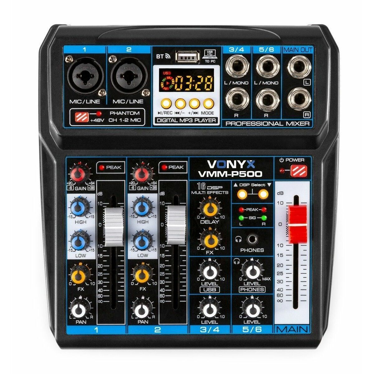 Un mezclador de audio negro y azul con muchos botones y deslizadores.