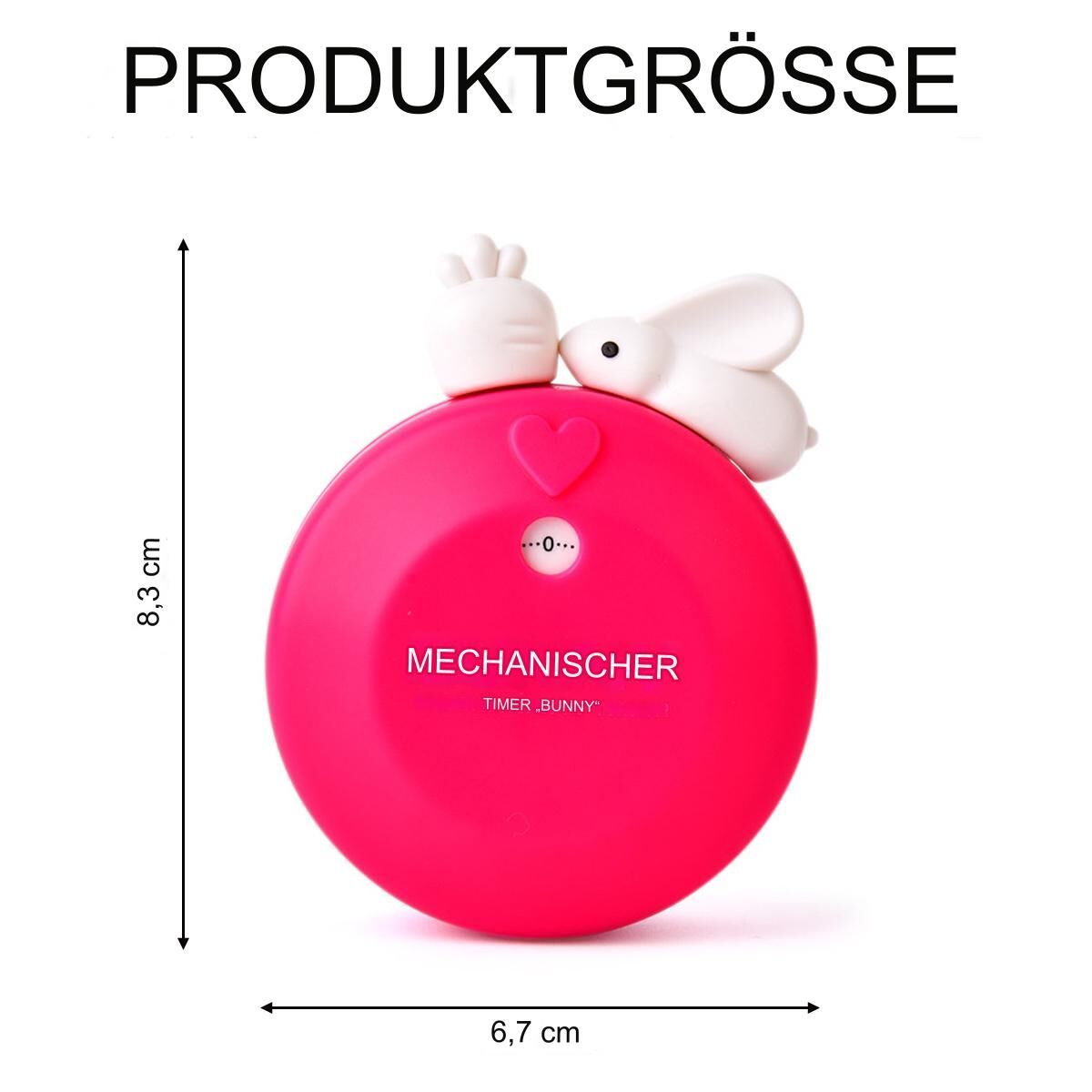 Rosa mechanischer Timer mit Hasenohren und weißen Details. Abmessungen mit Pfeilen angezeigt.