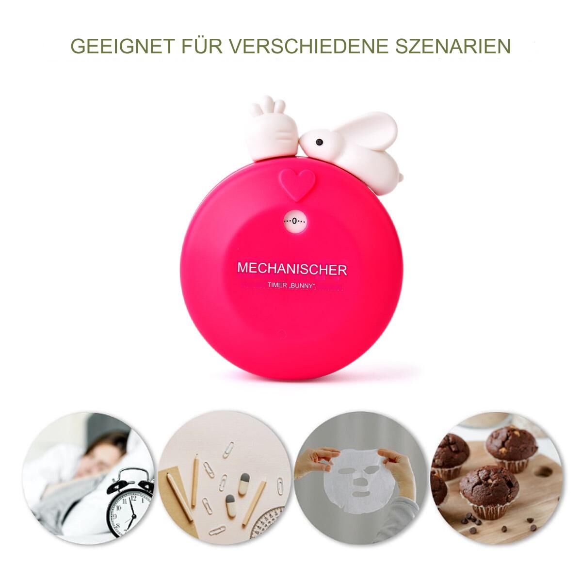 Rosa Timer mit Häschen oben, mit Bildern einer Uhr, Schreibwaren, einer Gesichtsmaske und Muffins.