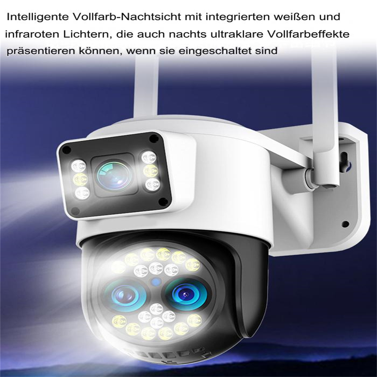 Weiße und schwarze Überwachungskamera mit zwei Objektiven und LED-Leuchten. Sie ist montiert, mit Licht.