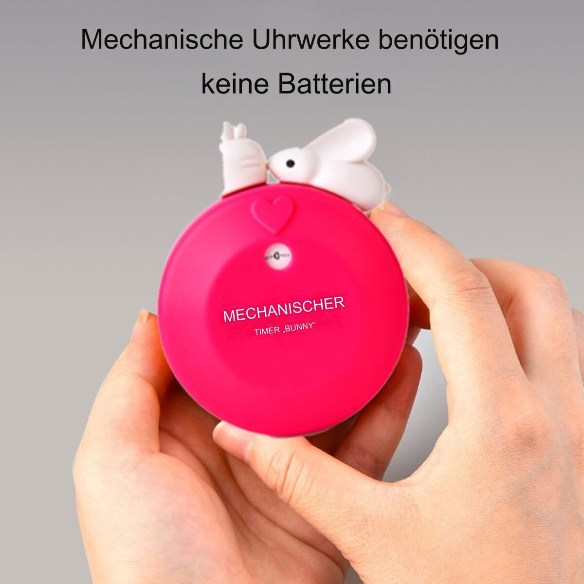 Ein rosa Timer mit Hasen, gehalten von Händen, Text oben.
