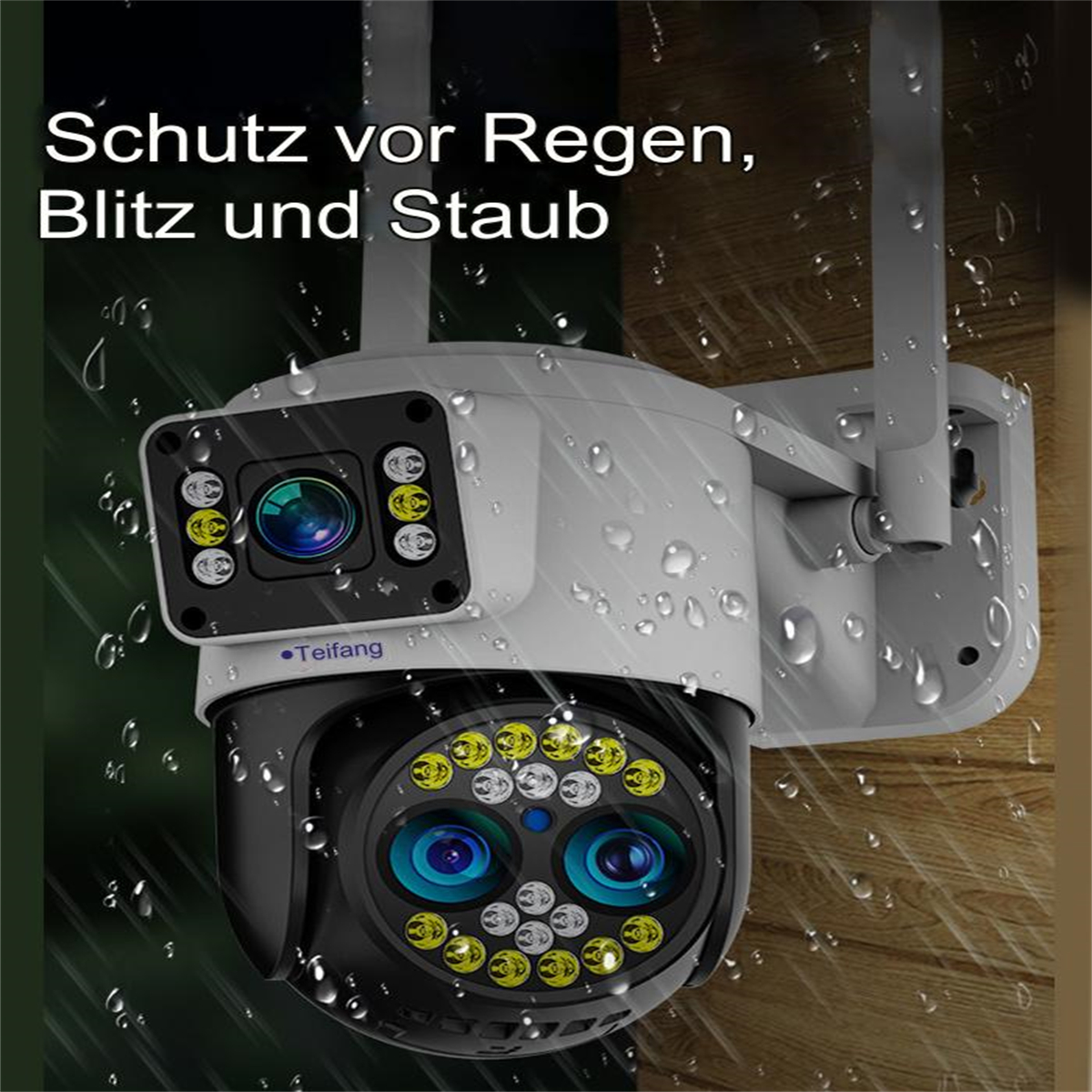 Outdoor-Überwachungskamera, schwarz und weiß, mit Text: Schutz vor Regen, Blitz und Staub. Regenszene.