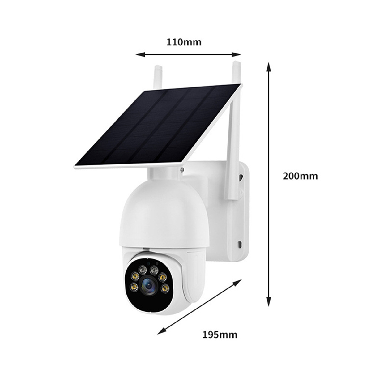 Weiße Überwachungskamera mit Solarpanel und Größenangaben.