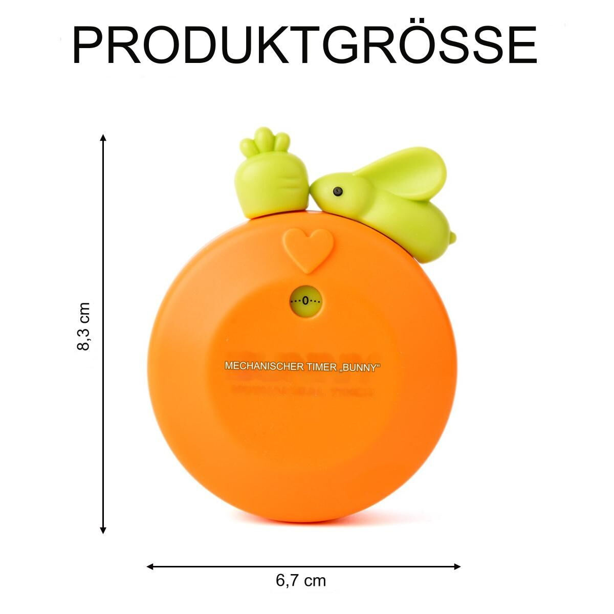 Ein orangefarbener Timer in Form eines Hasen mit einer Karotte. Abmessungen: 8,3 cm Höhe, 6,7 cm Breite.