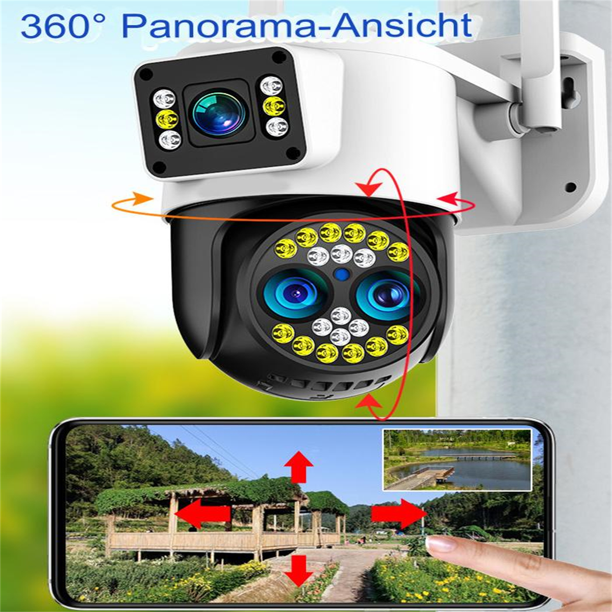 Weiße und schwarze Überwachungskamera mit einem Telefon, das eine Live-Ansicht eines Weges und eines Parks zeigt.