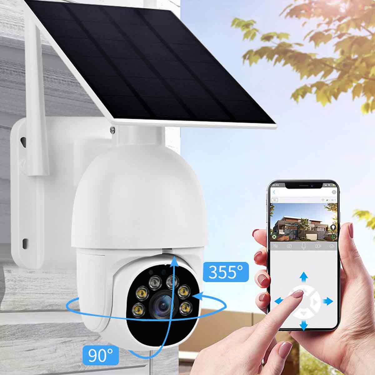 Weiße Überwachungskamera mit Solarpanel. Ein Telefon zeigt die Kameraansicht. Hände bedienen das Telefon mit Steuerelementen.