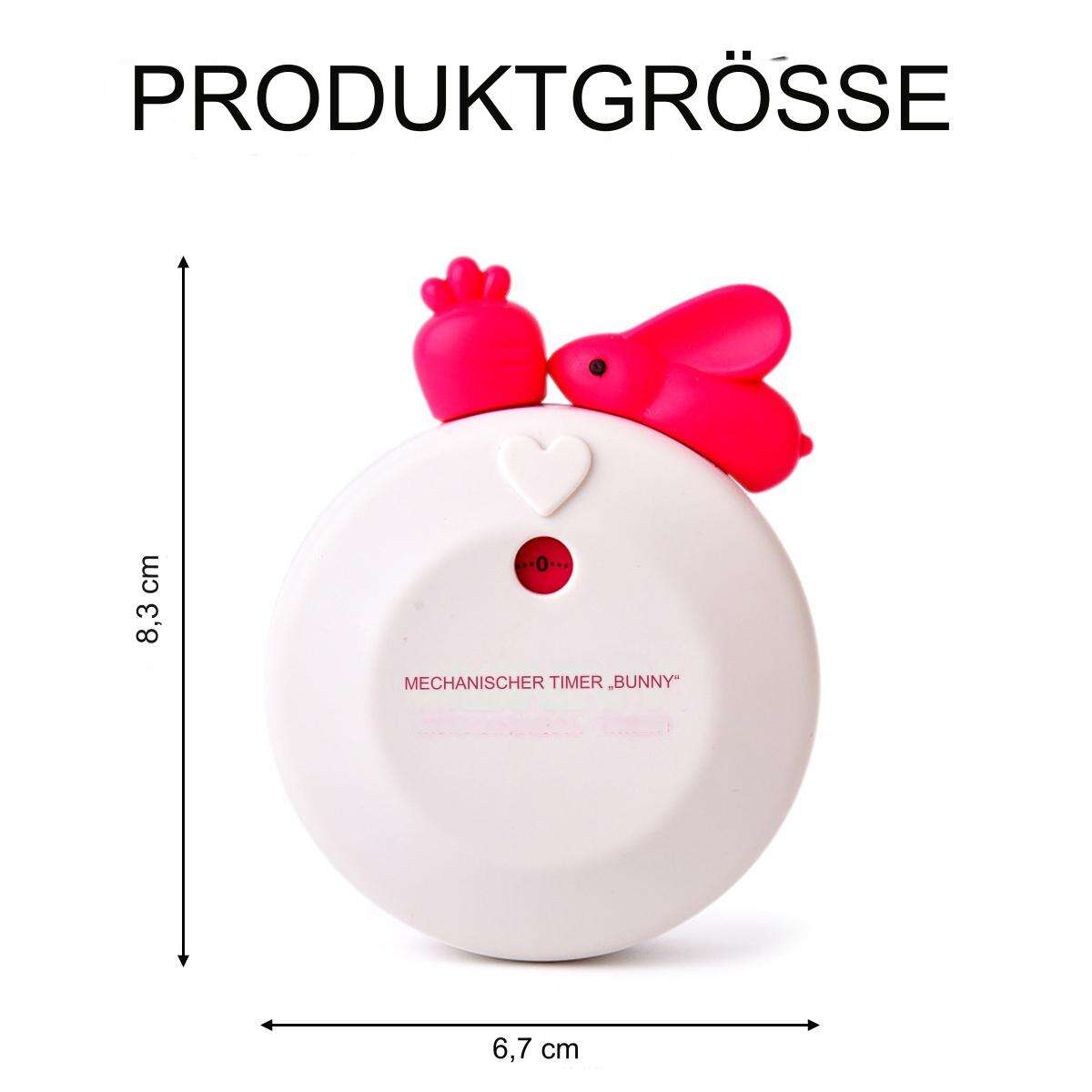 Weißer Hasen-Timer mit roter Karotte und Hasenmerkmalen. Er hat Maße in cm.