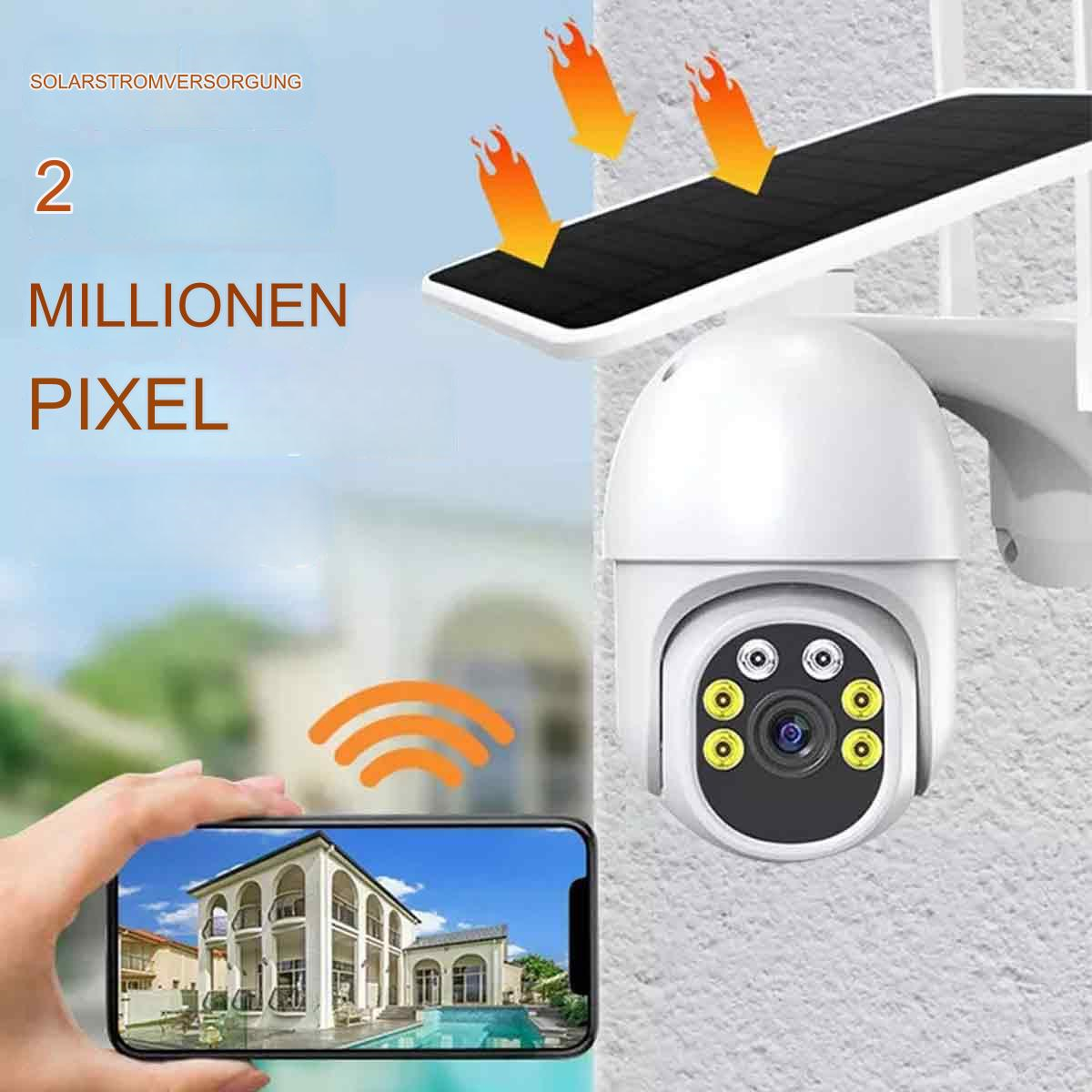 Weiße Überwachungskamera mit Solarpanel und Text, eine Hand hält ein Telefon mit Hausbild.