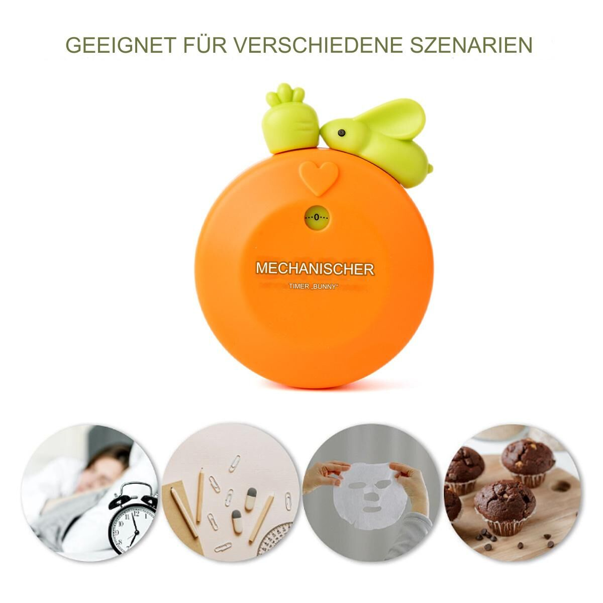 Ein oranger Timer mit einem Hasen oben, der verschiedene Nutzungsszenarien zeigt.