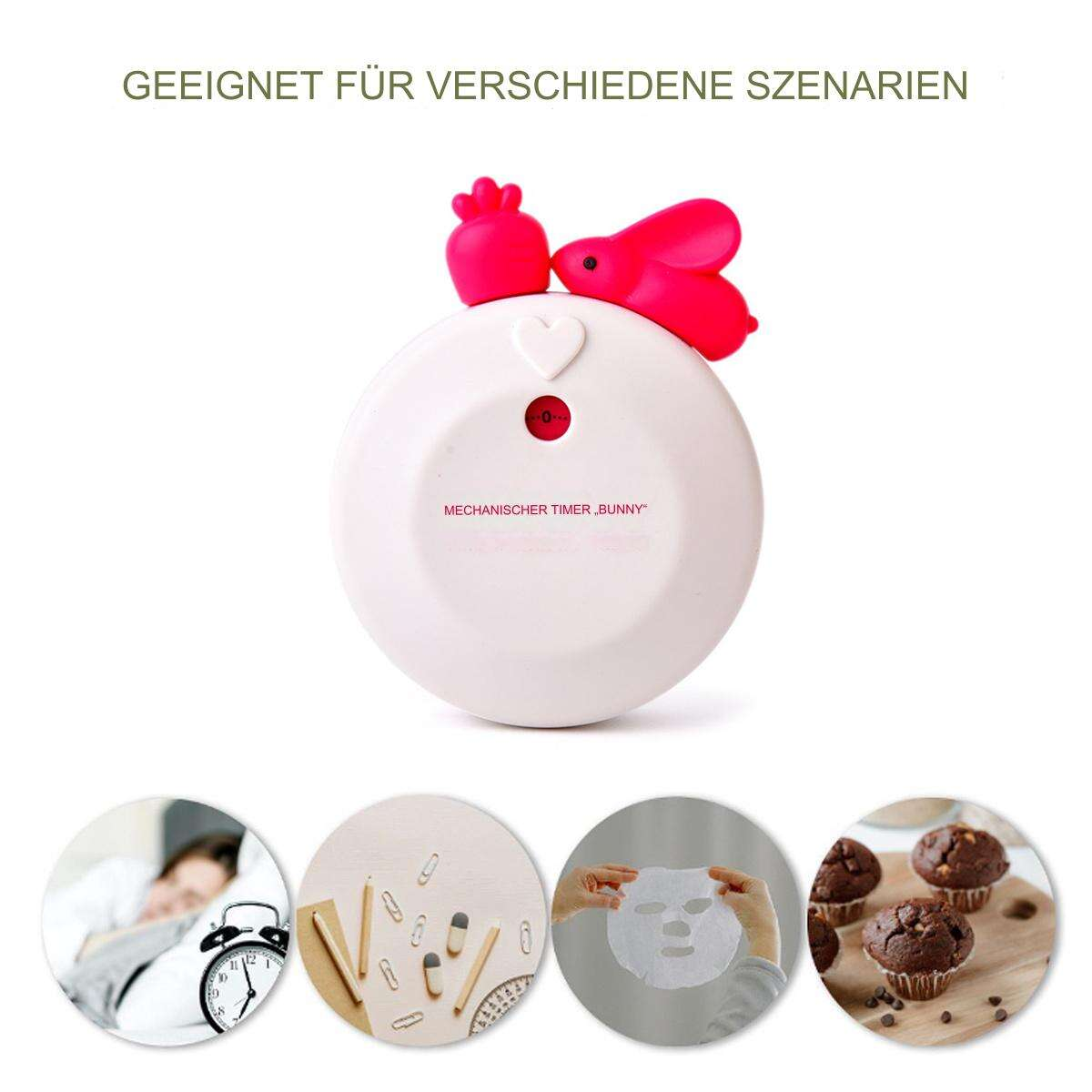 Weißer Timer mit rosa Hase und Herz. Vier kleine Bilder unten zeigen verschiedene Szenarien.