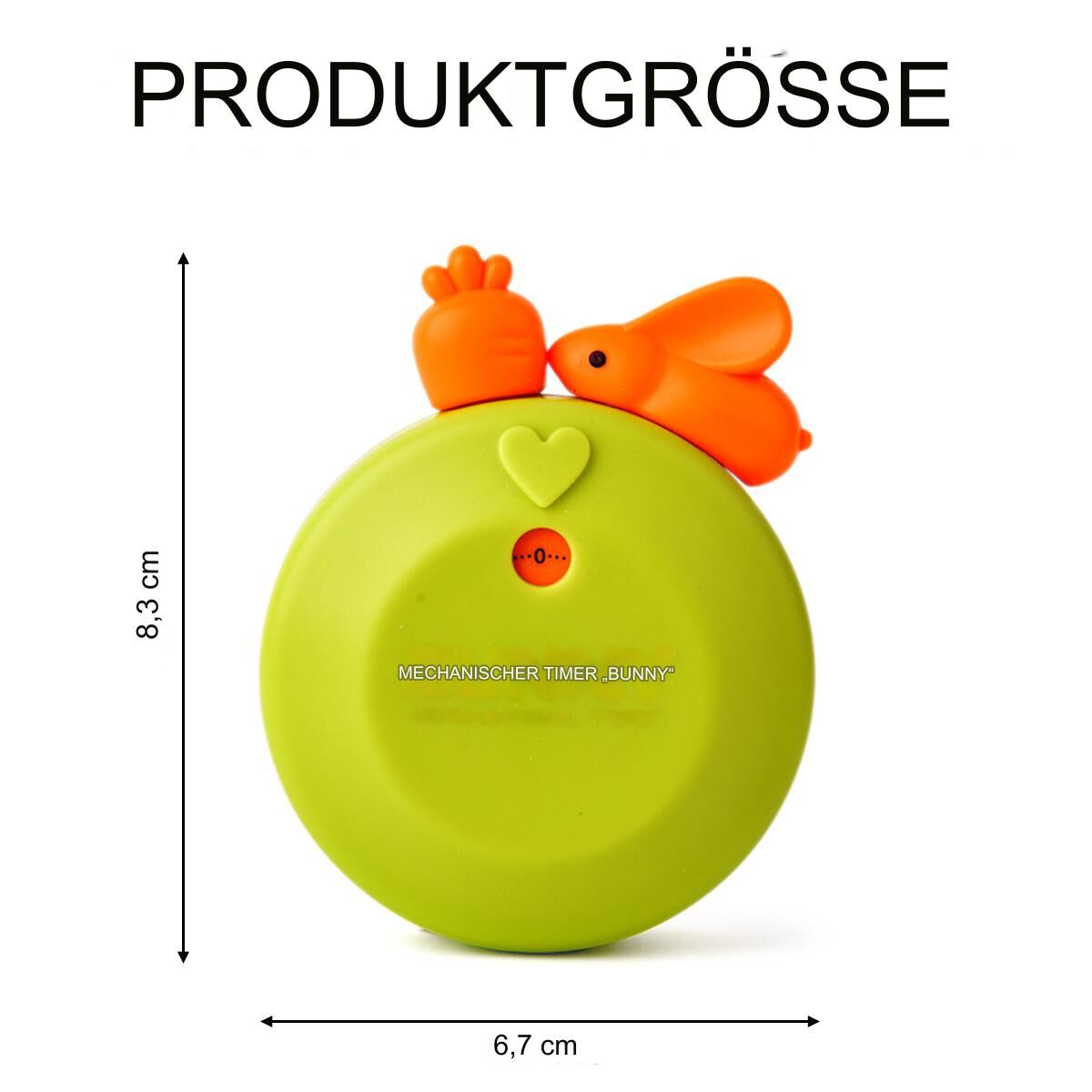 Grüner Kaninchen-Timer mit orangefarbener Karotte und Hasenohren. Maße links.