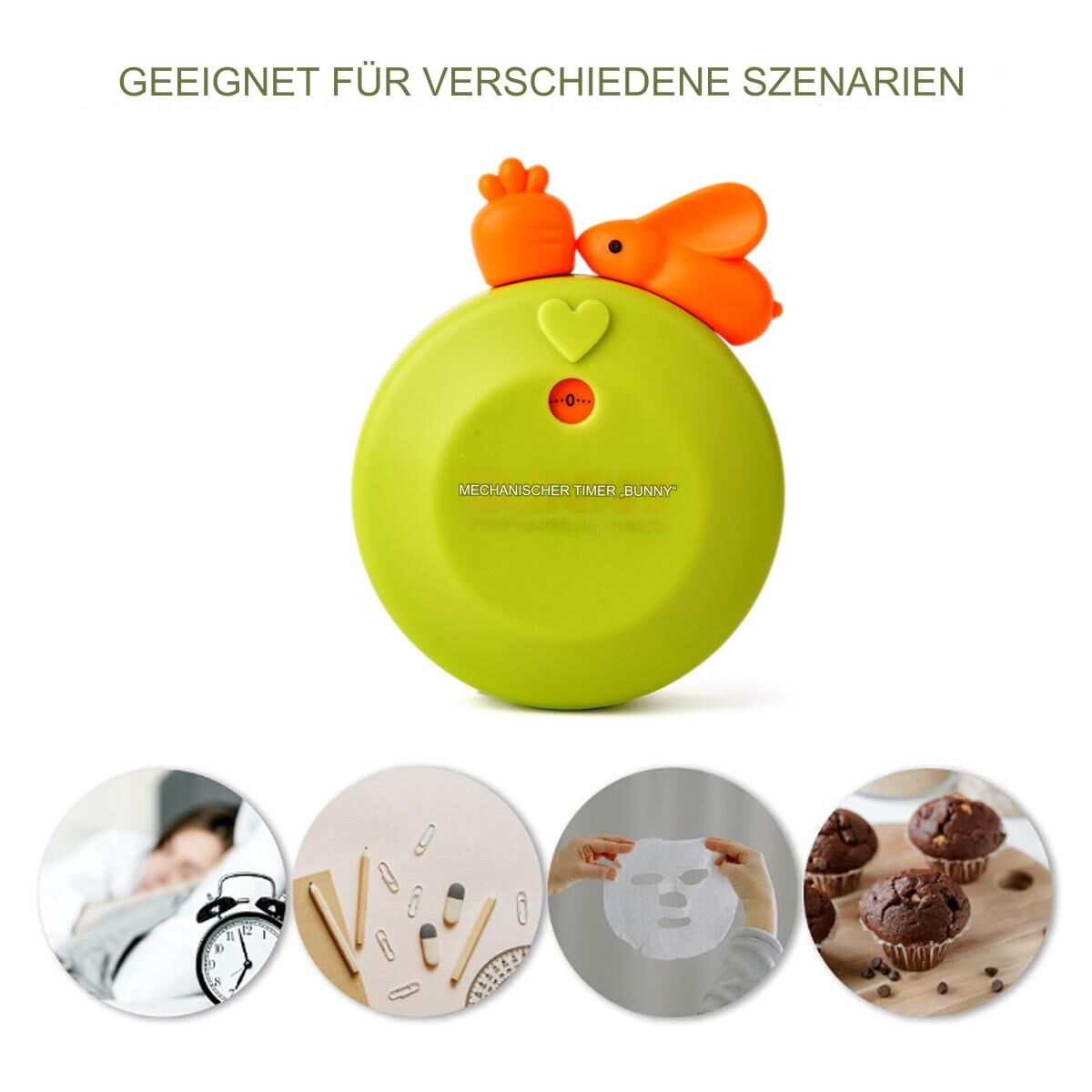 Grüner Timer mit Hasen- und Karottendesign auf weißem Hintergrund. Darunter vier kleine Szenen-Miniaturansichten.