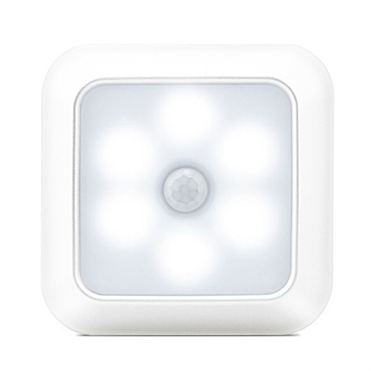 Weißes, quadratisches Bewegungssensorlicht mit fünf sichtbaren LED-Leuchten. Der Hintergrund ist weiß.