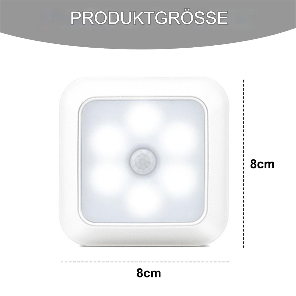 Quadratisches, weißes LED-Licht mit sechs Lichtern, Abmessungen 8x8cm, und Bewegungssensor.