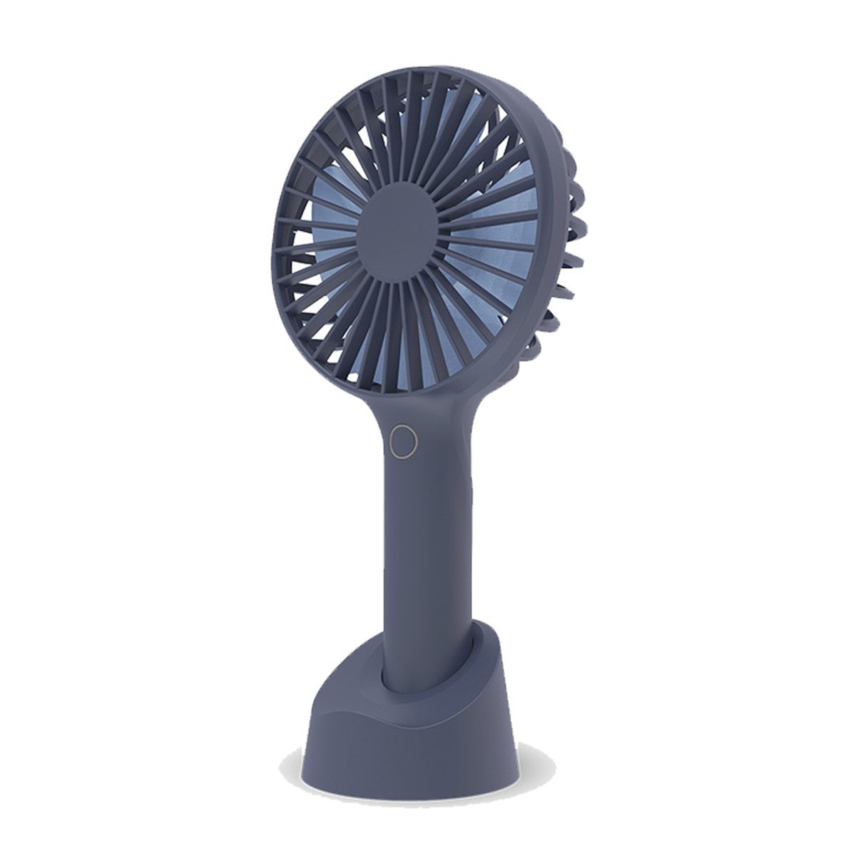 Ein grauer Handventilator mit Sockel. Der Ventilator hat einen runden Knopf am Griff.