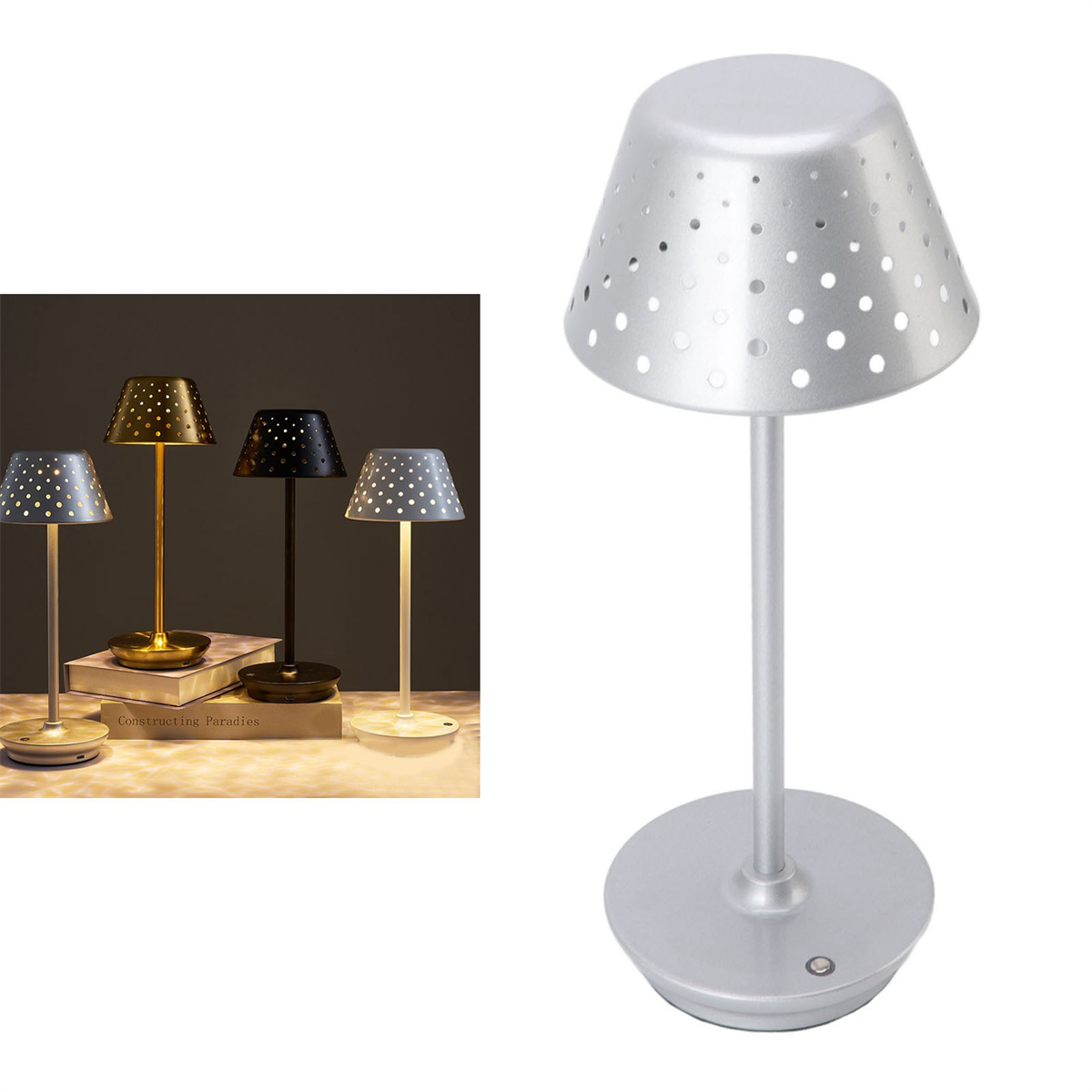 Silberne Lampe mit perforiertem Lampenschirm auf weißem Hintergrund, mit anderen Lampen.