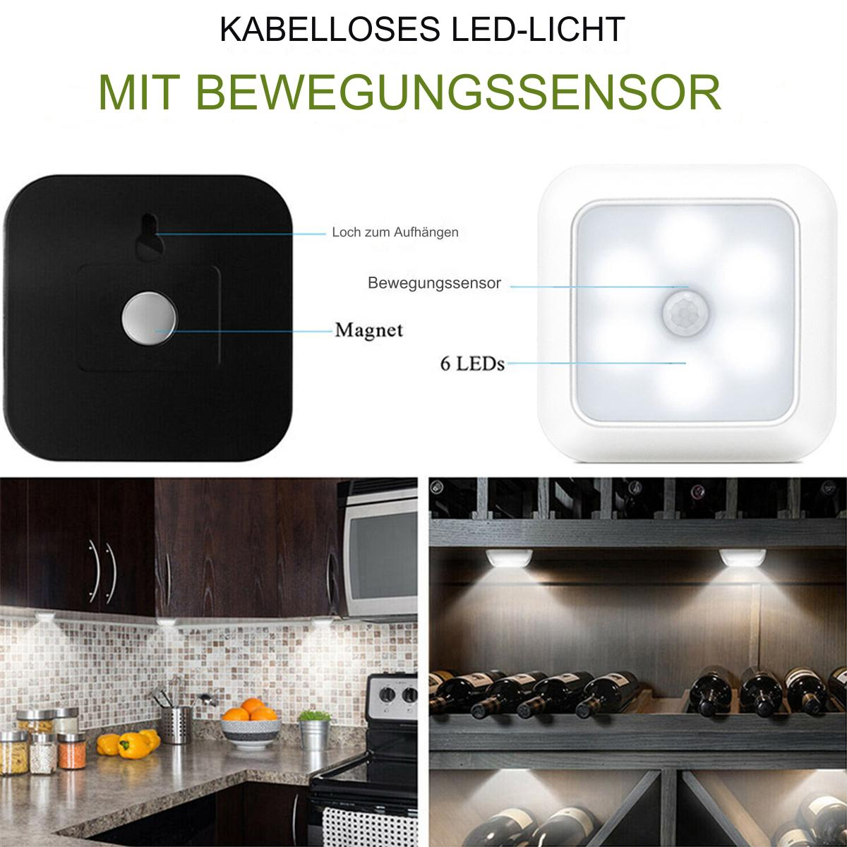 Schwarz-weiße Bewegungssensorleuchten. Links wird der Magnet gezeigt. Rechts hat 6 LEDs.