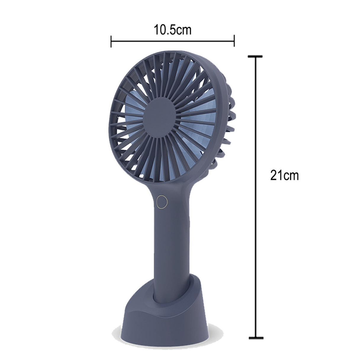 Grauer tragbarer Ventilator mit Maßen: 10,5 cm breit und 21 cm hoch, auf weißem Hintergrund.