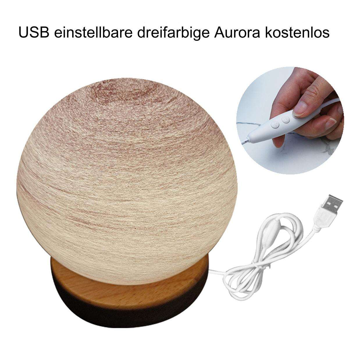 Eine kugelförmige Lampe mit Holzsockel und einem stiftartigen Werkzeug an der Seite.