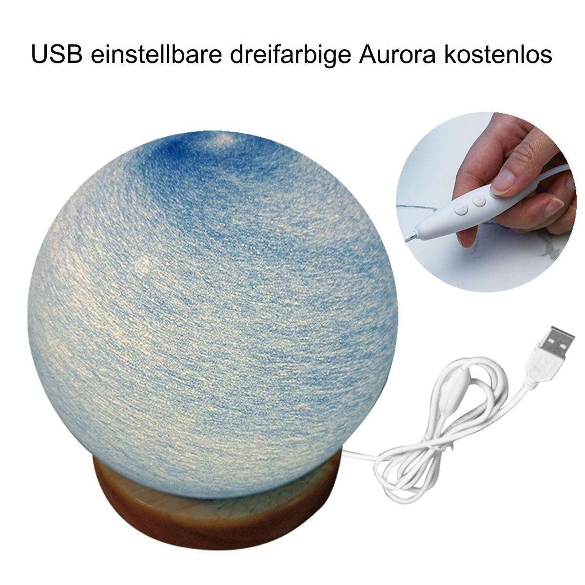Blaue Kugellampe mit weißem Licht und einem stiftähnlichen Gerät.