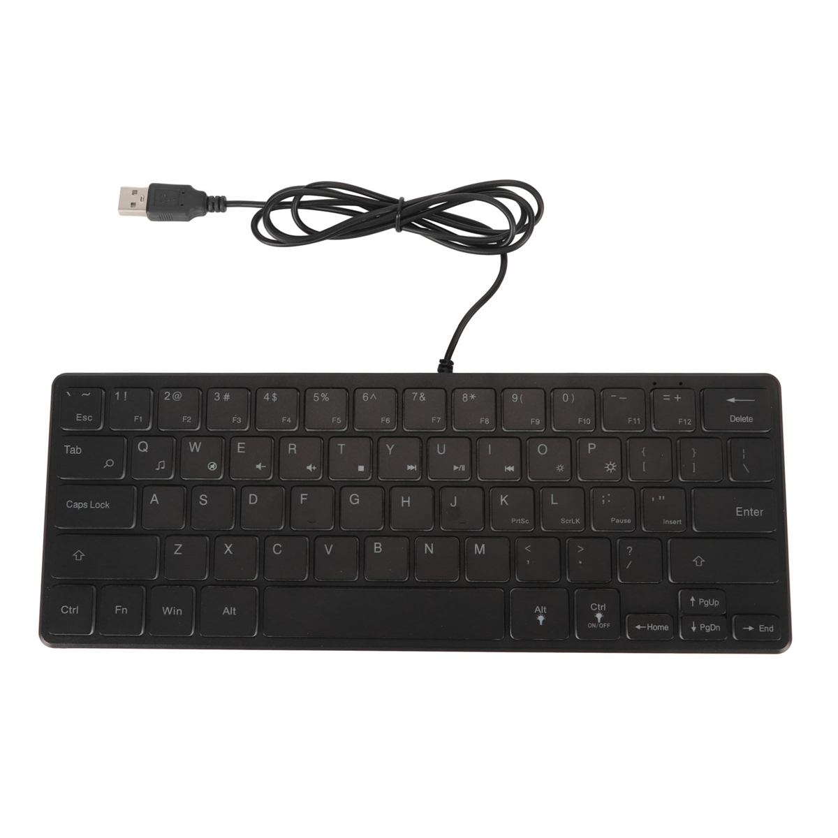 Eine schwarze Kompakt-Tastatur mit USB-Kabel, auf weißem Hintergrund, Draufsicht.