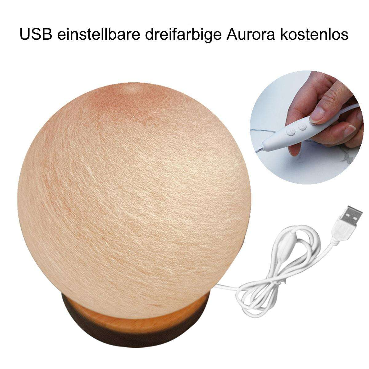 Kugelförmige Lampe mit USB-Kabel. Die Lampe ist beige und steht auf einem Holzsockel. Mit Stift.