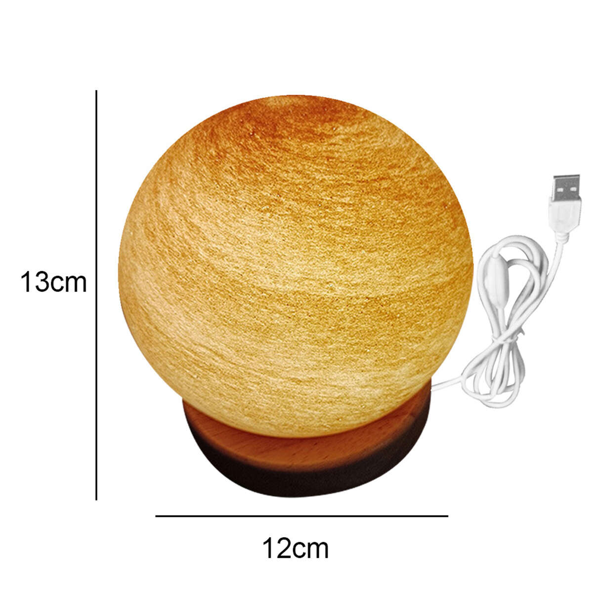 Eine hölzerne Lampe in Form einer Kugel mit USB-Kabel. Abmessungen: 13cm x 12cm.