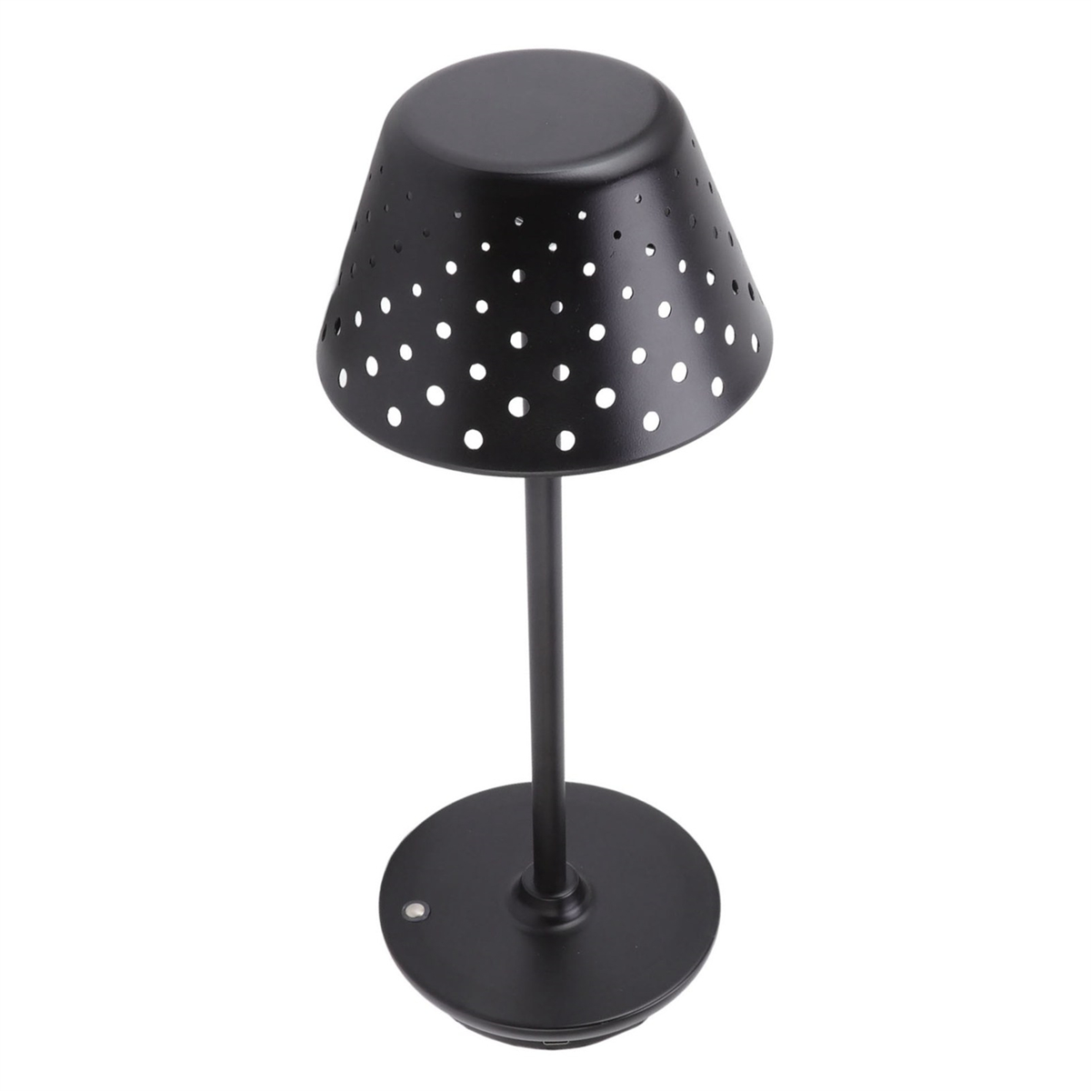 Schwarze Tischlampe mit perforiertem Lampenschirm und rundem Sockel.