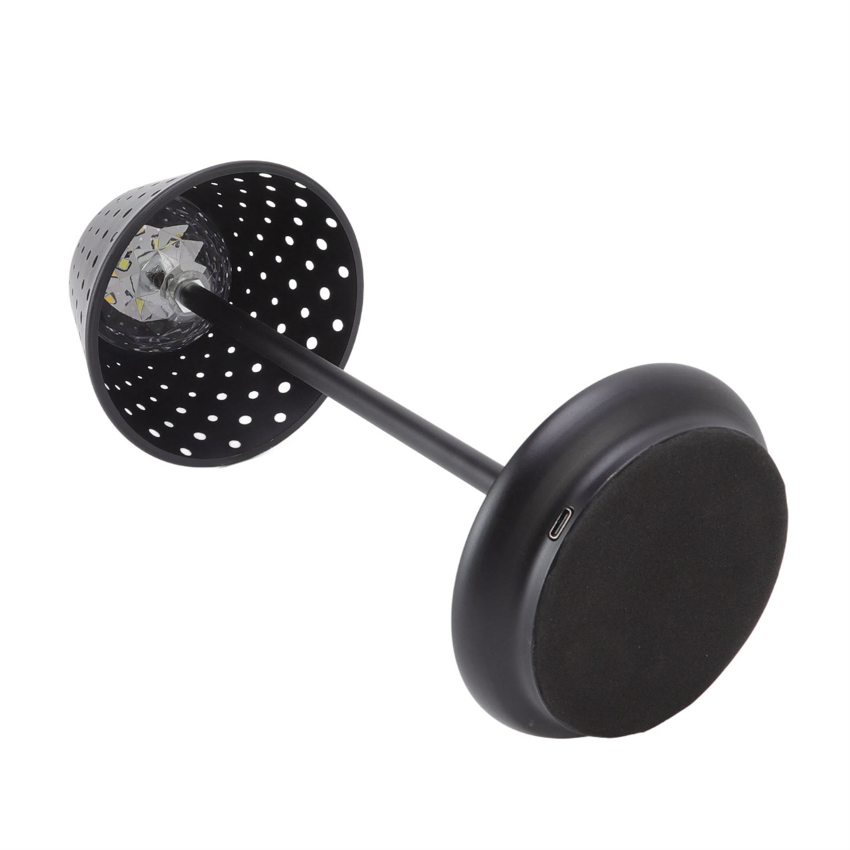 Schwarze Tischlampe mit perforiertem Schirm, langem Arm und rundem Fuß.