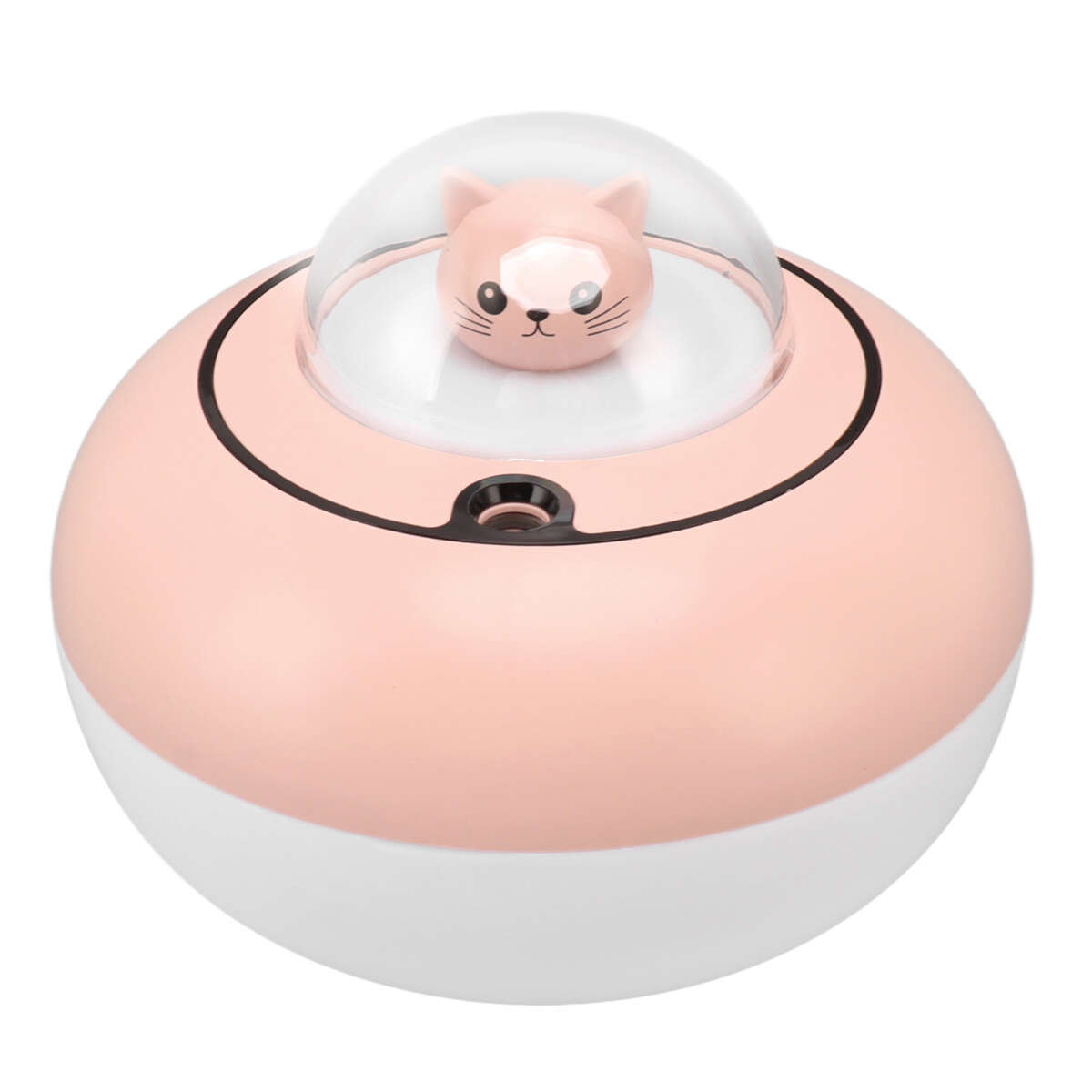 Ein rosa-weißer, katzenförmiger Luftbefeuchter mit einer durchsichtigen Kuppel oben drauf.