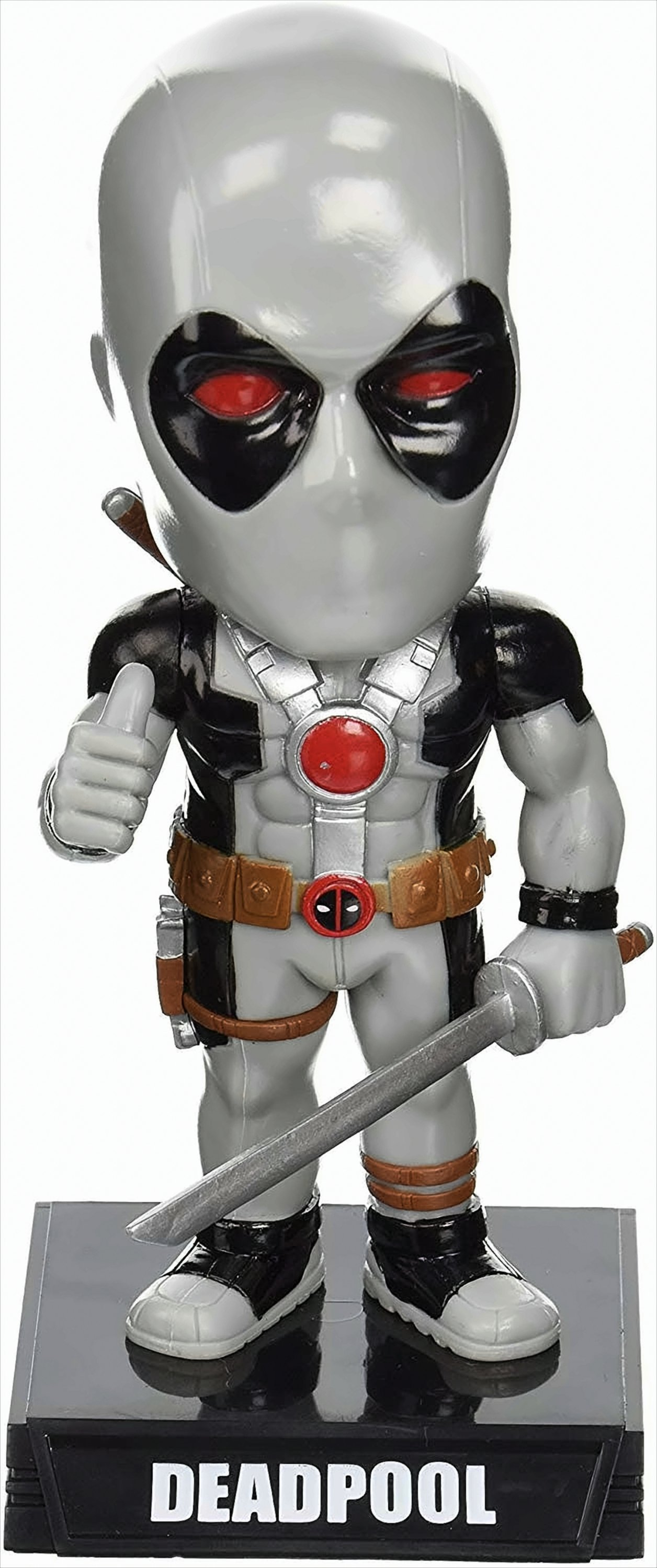 Deadpool-Wackelkopf-Figur mit Daumen hoch. Auf schwarzer Basis, weißer Hintergrund.