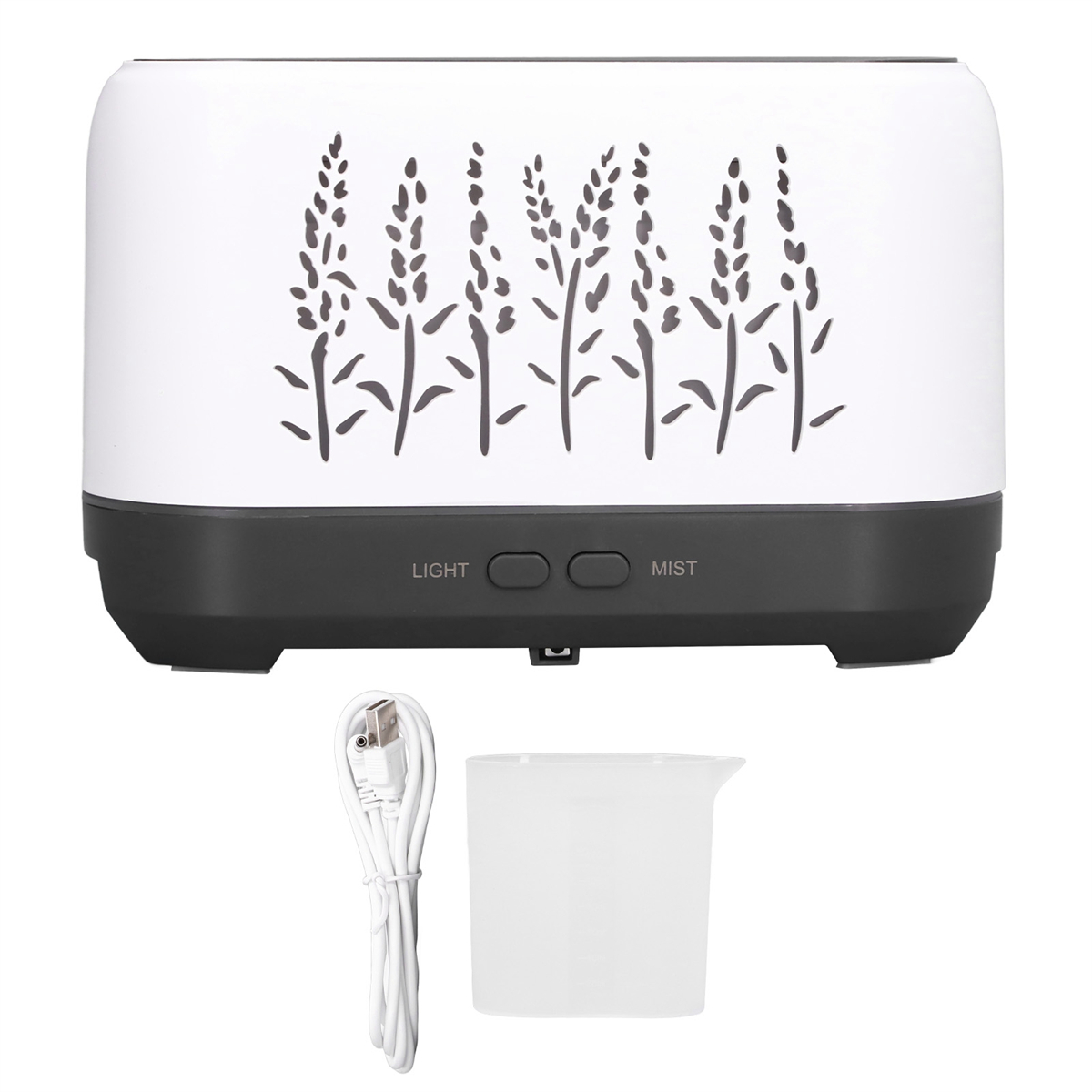 Weißer und dunkelgrauer Aromatherapie-Diffusor mit Blumendesign, zwei Knöpfen und USB-Kabel.