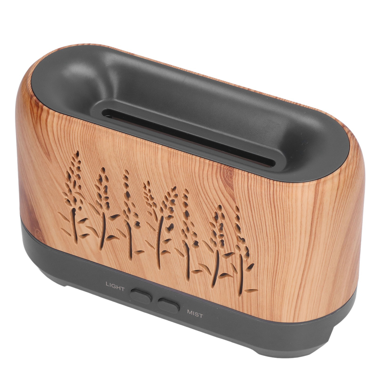 Aromatherapie-Diffusor aus Holz mit schwarzem Deckel und floralem Design, isoliert.