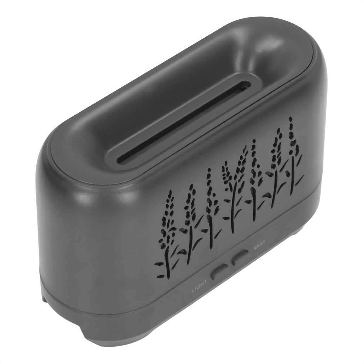 Dunkelgrauer Diffusor für ätherische Öle mit Lavendeldesign.